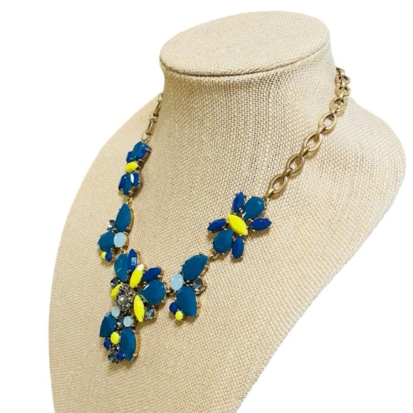 J Crew Statement Flower Necklace Blue Yellow Crystal Beaded Choker 17” - Picture 3 of 5